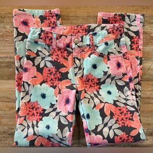 Gymboree Girls Coral & Aqua Floral Stretch Jeans Adjustable Waistband, Size 8